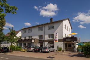 un bâtiment blanc avec des voitures garées devant lui dans l'établissement Hotel Birkenstern, à Bad Wildungen
