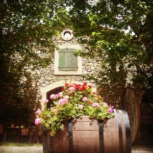 a barrel filled with flowers in front of a building at Relais de Laval in Caudiès-de-Fenouillèdes