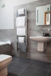 a bathroom with a sink and a toilet and a mirror at Mincombe Barn Bed & Breakfast in Sidbury