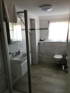 a bathroom with a sink and a toilet and a window at Ferienwohnungen Tannenhof in Steinen