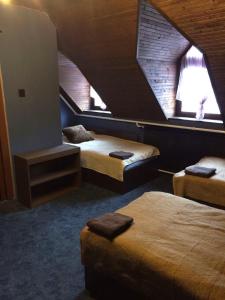 a room with three beds and two windows at Ipoly Party-Ház in Balassagyarmat