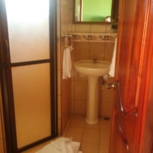 uma casa de banho com um lavatório, um WC e um espelho. em Casa la Fortuna 1 em La Fortuna