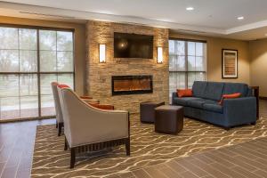 a living room with a couch and a fireplace at Comfort Inn PA Turnpike - I-81 in Carlisle
