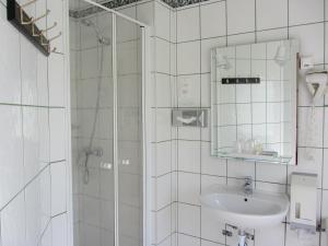 ラ・ブレスにあるAuberge des Skieursの洗面台とシャワー付きの白いバスルーム +30枚の写真