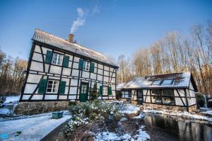 an old house in the snow next to a pond at Gästehaus Wahnenmühle in Erkrath