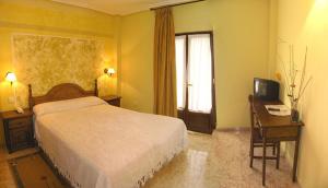 a bedroom with a bed and a desk and a television at Posada La Anjana in Puente Viesgo