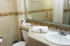 a bathroom with a sink and a toilet and a mirror at Porto Hotel in Lázaro Cárdenas