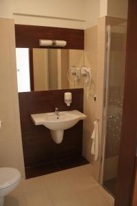 a bathroom with a sink and a shower at Hotel Trojka in Przemyśl