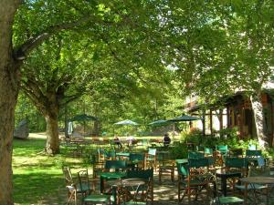 un groupe de tables et de chaises sous un arbre dans l'établissement Châlet Hôtel d'Ailefroide, à Ailefroide