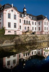 un grand bâtiment blanc avec une réflexion dans l'eau dans l'établissement Hotel Hauer, à Bollendorf