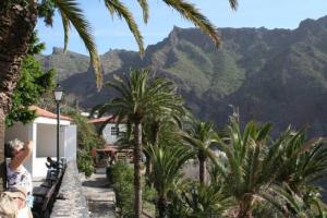 a person taking a picture of a mountain with palm trees at La Vista Pension in Guía de Isora