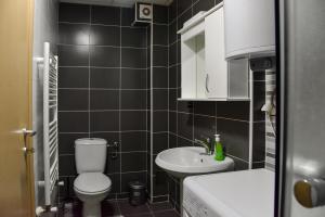 a small bathroom with a toilet and a sink at Metropolis Skopje Apartments in Skopje