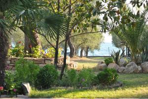 a garden with flowers and trees and the ocean at Haus Katerina in Vourvourou