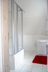 a bathroom with a shower and a sink and a red rug at Ferienhaus Boddenkiek mit Wasserblick in Seedorf in Seedorf