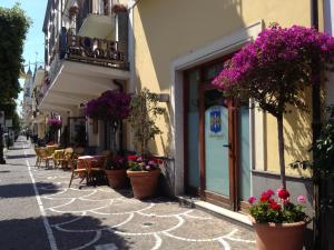 une rue avec des plantes en pot sur le côté d'un bâtiment dans l'établissement Hotel Ristorante Amitrano, à Pompéi