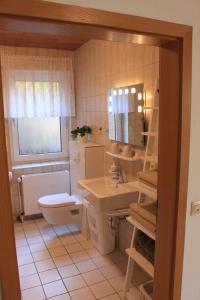 a bathroom with a sink and a toilet and a mirror at Ferienwohnungen Akzent in Papenburg