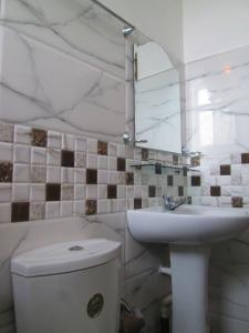 a bathroom with a sink and a toilet and a mirror at Kandyan Sweet Villa in Kandy