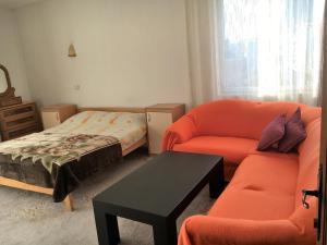 a living room with a couch and a bed at Center Apartment in Pristina