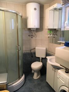 a bathroom with a shower and a toilet and a sink at Center Apartment in Pristina