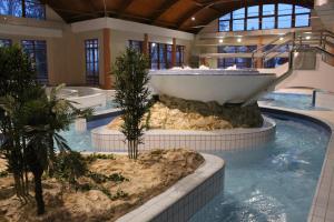 a large swimming pool with a bath tub in a building at Fenyő Panzió in Mezőkövesd