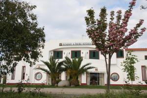 a white building with palm trees in front of it at Terras de Monsaraz in Reguengos de Monsaraz