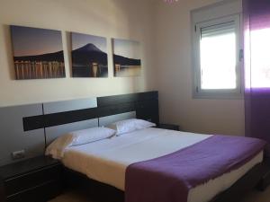 Apartamento Atlántico في فيسينداريو: غرفة نوم بسرير كبير مع بطانية ارجوانية