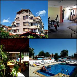 een collage van foto's van een gebouw en een zwembad bij Guest House Olimpiya in Sveti Vlas