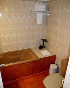 La salle de bains est pourvue d'une baignoire et de toilettes. dans l'établissement Hôtel Au Bord du Monde, à Neuvy-sur-Barangeon