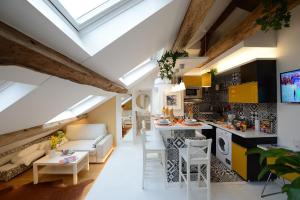 an attic kitchen and living room with skylights at Les Patios du Marais 2 in Paris