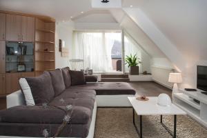 a living room with a couch and a tv at Riverside flat with King Castle view in Budapest