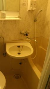 a bathroom with a sink and a toilet and a tub at Business Hotel Motonakano in Tomakomai