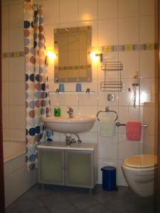 a bathroom with a sink and a toilet and a mirror at Hotel & Apartmenthaus Zum Pfingsttor in Friedrichswald +26 photos