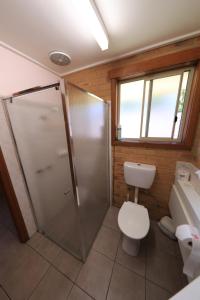 ein Bad mit einer Dusche, einem WC und einem Waschbecken in der Unterkunft Quays Motel San Remo in San Remo