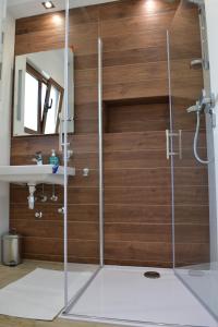 a shower in a bathroom with a wooden wall at Villa I Karma in Tisno
