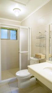 a bathroom with a toilet and a shower and a sink at Red Brick Villas in Nanzhuang