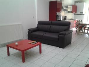 uma sala de estar com um sofá preto e uma mesa vermelha em Gite de victor em Gigny-sur-Suran