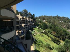 Vistas al mar de un edificio con una colina y árboles en Departamento 43D Condominio Cau Cau, en Puchuncaví