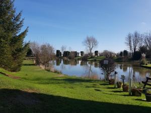 a river in a park with a bench next to it at Holly Cottage in Burgh le Marsh +7 photos