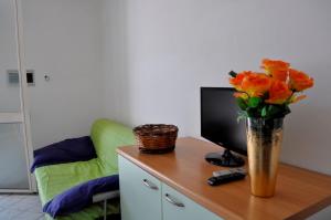 レウカにあるMagic Sea Apartmentsのテレビ付きデスクの花瓶