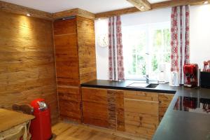 a kitchen with wooden walls and a counter top at Haus Iris in Oberstdorf