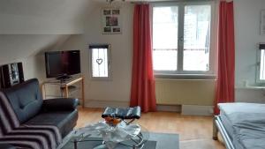 een woonkamer met een bank en een tv bij Hallerblick in Monschau