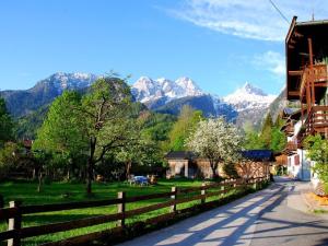 een dorp met een hek en bergen op de achtergrond bij Haus Stainer in Lofer