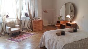 sypialnia z łóżkiem, lustrem i krzesłem w obiekcie Apartament pod Piernikiem w Toruniu