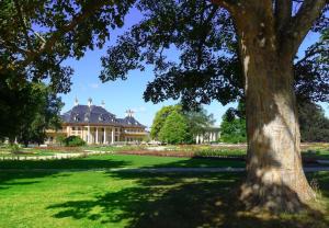 a large house in a park with a tree at Bahnhof Frauenstein Wartehalle in Frauenstein