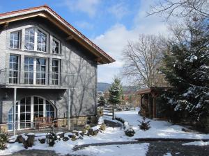 a house with snow on the ground in front of it at Urlaubspension 'Hohes Rott' und Apartmenthaus in Heilbad Heiligenstadt