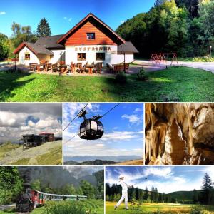 a collage of photos with a house and a gondola at Penzion Bystrinka in Tale
