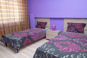 普列文的住宿－Apartment Medical University，一间卧室设有两张床和紫色墙壁