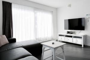 a living room with a couch and a tv and a table at Superior Apartment Sarnen in Sarnen