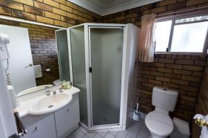
a bathroom with a toilet a sink and a bath tub at Park House Motor Inn in Oakey
