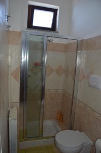 baño con ducha y aseo y ventana en B&B Incantevole Vicolo, en Piraino